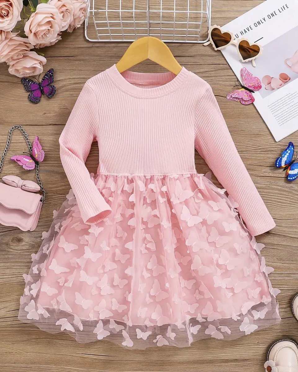 Joya Kids® Licht Roze Vlinder Prinsessenjurk | Warme Glamour Winterjurk | Luxe Prinsessenjurk meisje met Vinders | Verkleedjurken met lange mouw meisjes | Jurk Verkleedjurk | Maat 86-98