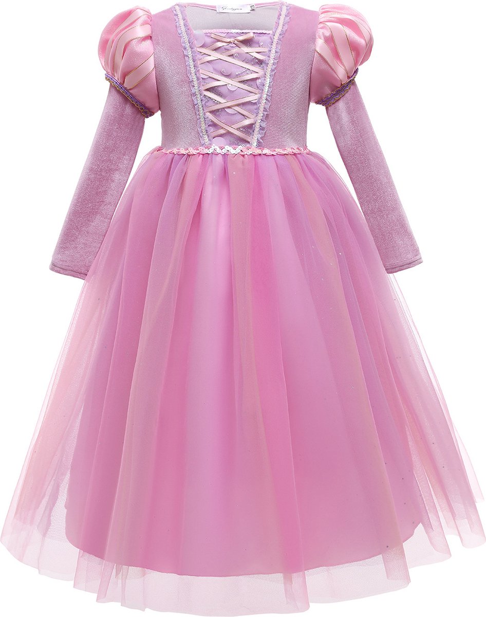 Joya Kids® Luxe Roze Rapunzel Winter Prinsessenjurk | Warme Glamour Winterjurk | Luxe Prinsessenjurk meisje | Verkleedjurken meisjes | Jurk Verkleedjurk | Maat 110