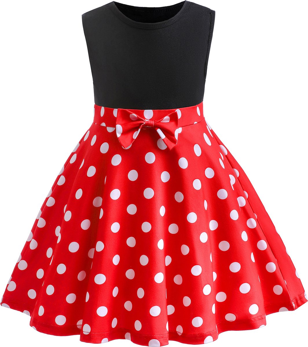 Joya Kids® Mini Stippen Prinsessenjurk meisje | Mouse Verkleedjurken meisjes | Mini jurk Zwart, Rood met Witte Stippen | Prinsessen Verkleedkleding | Carnaval Halloween Verkleedset Kinderen | Van 12 maanden tot 6 jaar | Maat 90