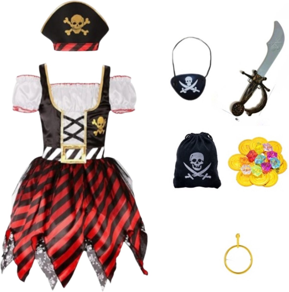 Joya Kids® Piraten Verkleedjurk met Accessoires Set | Meisje Piraat Verkleedset Halloween | Horror Films Kostuum | Verkleedjurkje Meisje | Halloween Jurkje met Accessoiresset | Verkleedkleding | Maat S