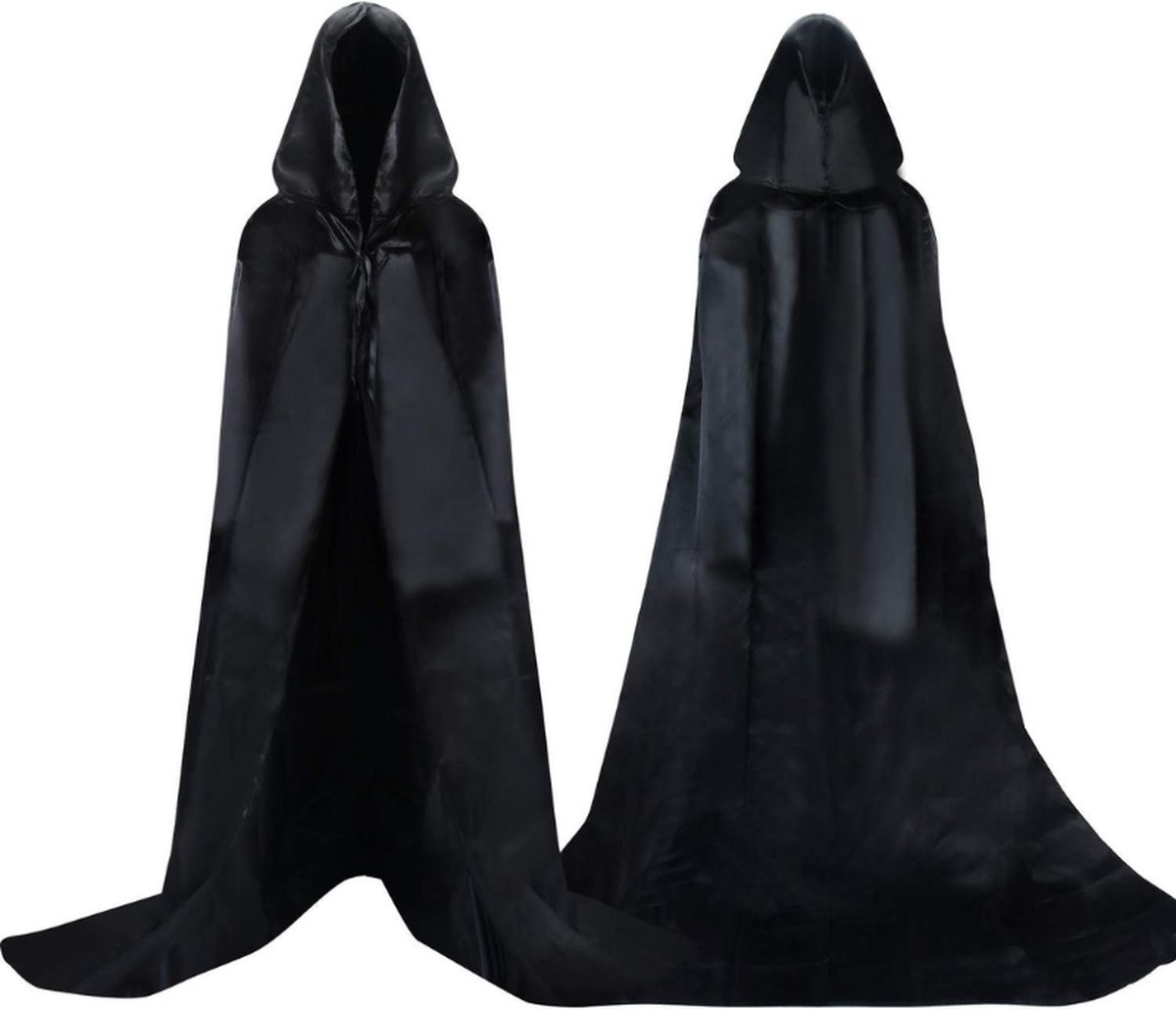 Lange Satijnen Cape met Capuchon Unisex Volwassen Kostuum Magere Hein Vampier Halloween Carnaval Zwart XXL