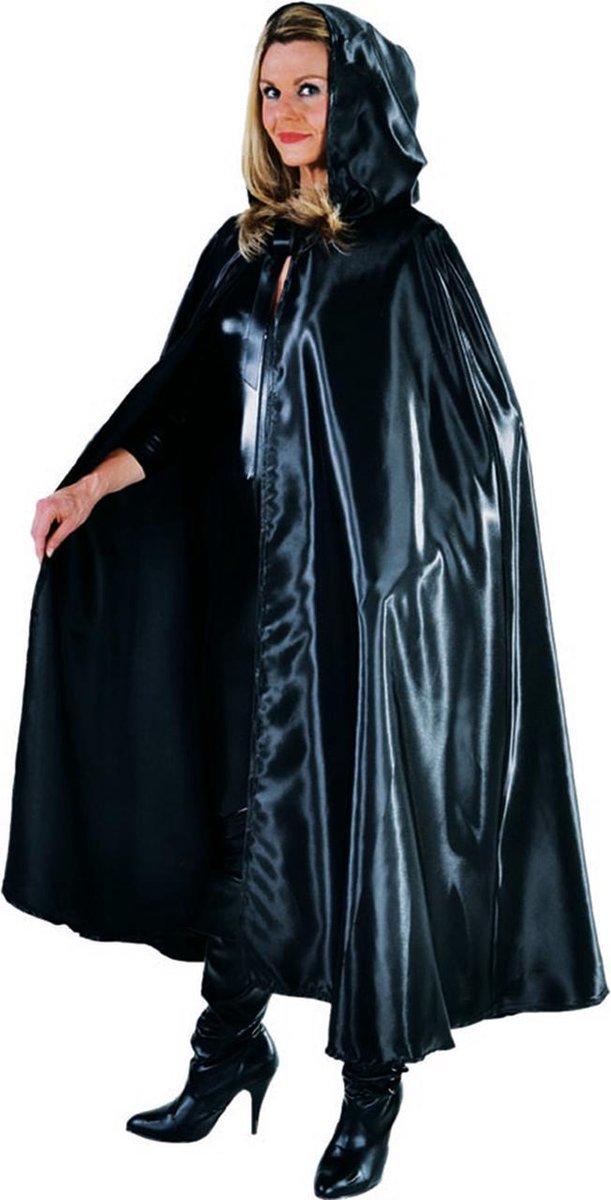 Magic By Freddy's - Heks & Spider Lady & Voodoo & Duistere Religie Kostuum - Glanzend Zwarte Cape Met Capuchon Vrouw - Zwart - One Size - Halloween - Verkleedkleding