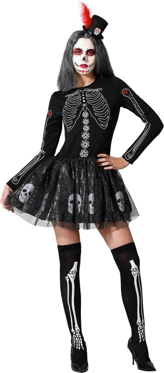 Muertos Halloween Jurkje Dames Zwart Schedels - Maat XL