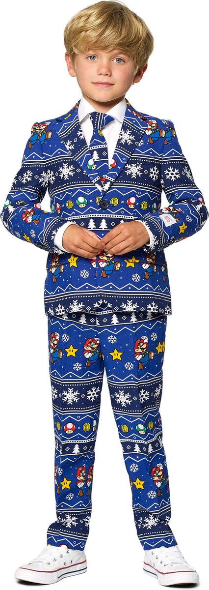 OppoSuits Merry Mario - Jongens Kerst Kostuum - Kerst Outfit Kids - Blauw - Kerstpak - Maat 92/98