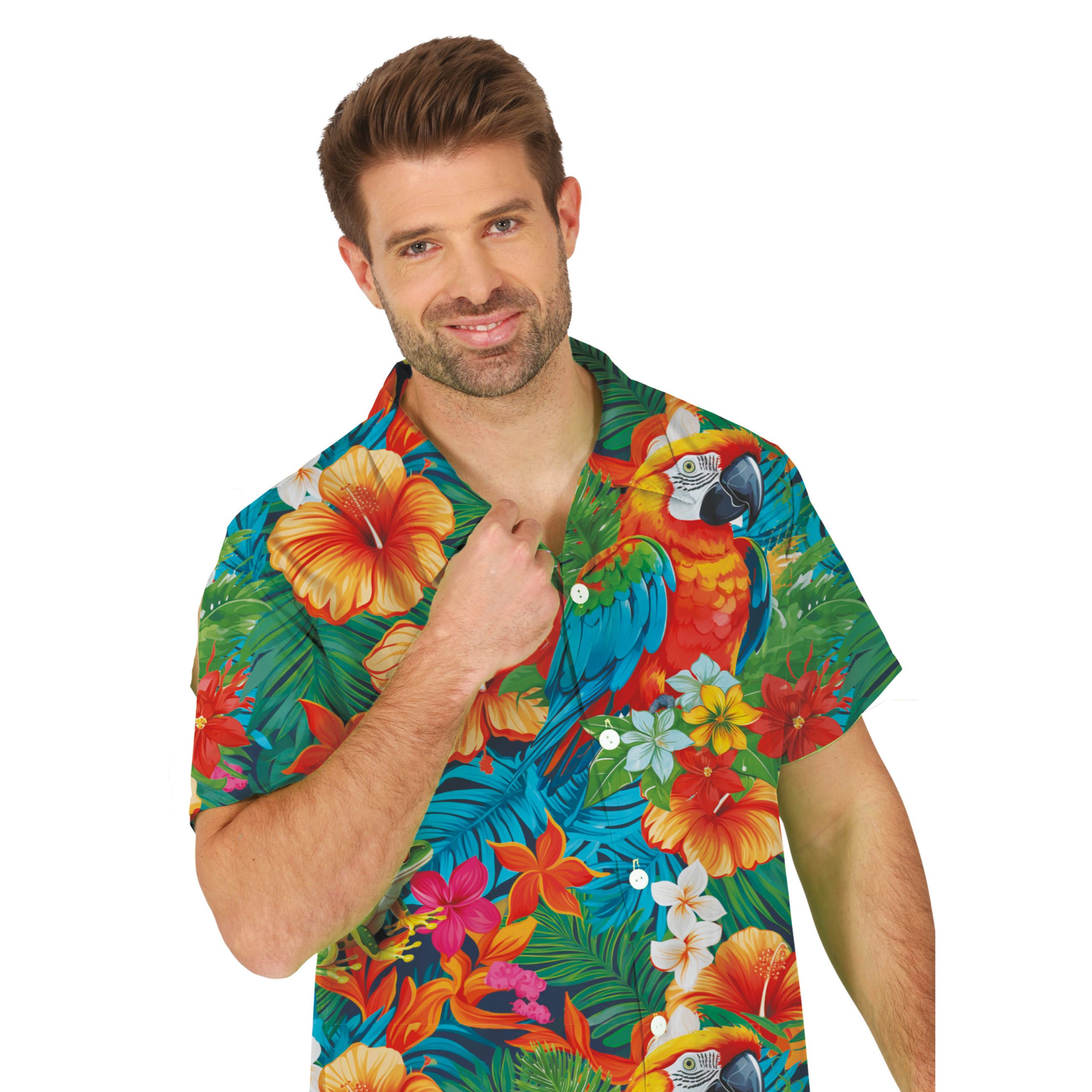 Partychimp Tropical party Hawaii blouse heren - tropische bloemen - oranje - carnaval/themafeest - Hawaii L -