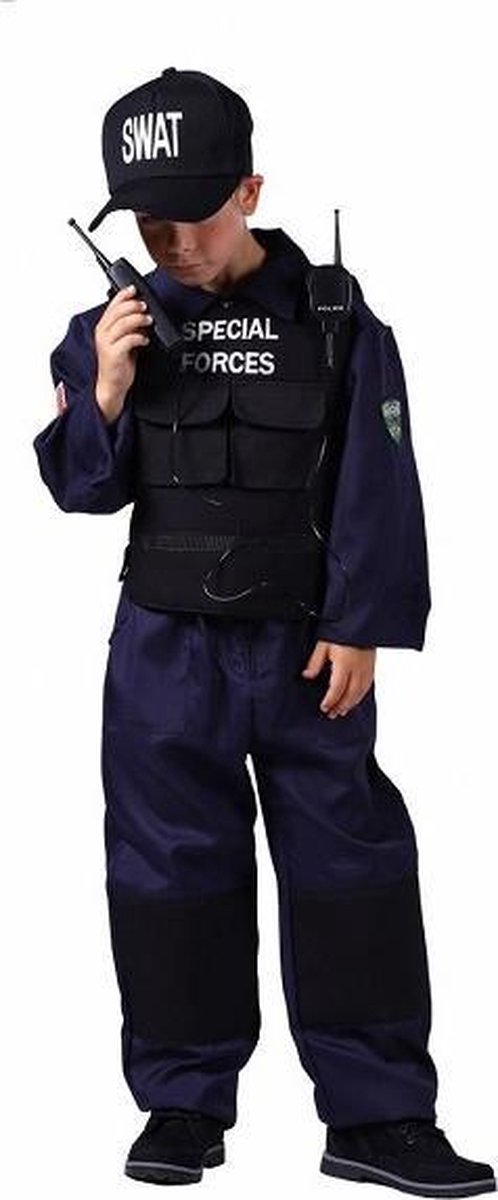 SWAT Kostuum Kinderen - Politie Kostuum - Overall Vest Pet Walkie Talkie - Luxe - Verkleedkleren Kinderen - Blauw/Zwart - Maat 128