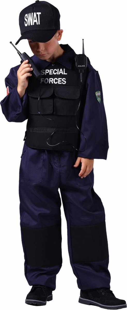 SWAT Kostuum Kinderen - Politie Kostuum - Overall Vest Pet Walkie Talkie - Luxe - Verkleedkleren Kinderen - Blauw/Zwart - Maat 140