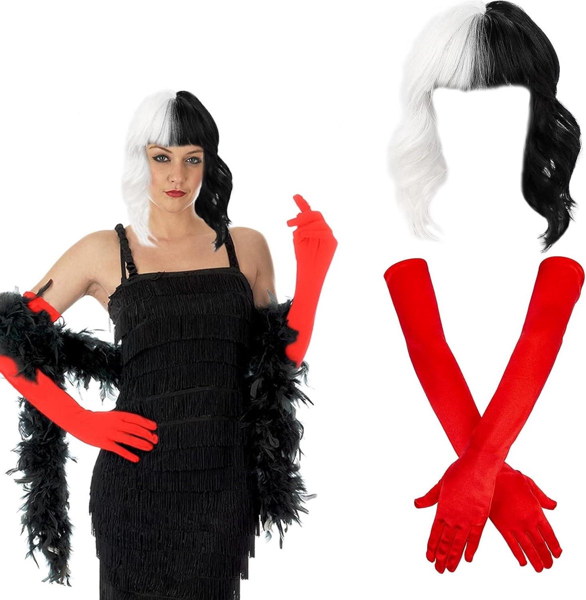 Short black white wig with red gloves for women - half black half white wig for women - cruella costume women - Halloween costume women - 70s accessories cosplay costume party (3 pieces)