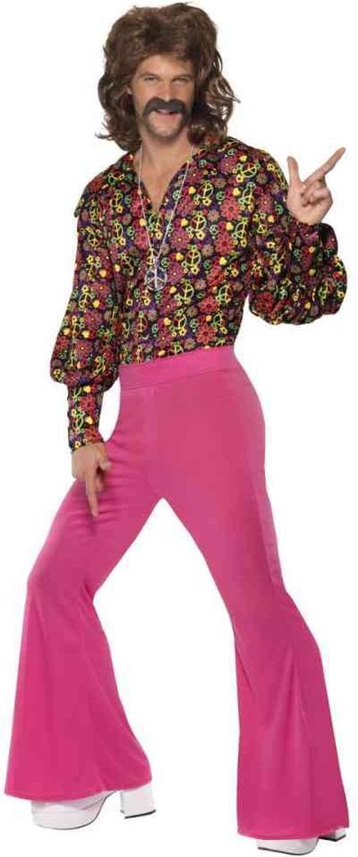 Sixties hippie kostuum voor mannen - met roze broek en peace blouse - maat L/XL