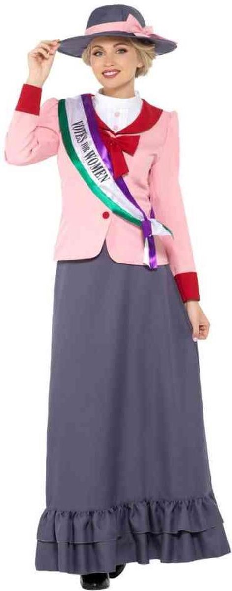 Smiffys - Deluxe Victorian Suffragette Kostuum - L - Grijs/Roze