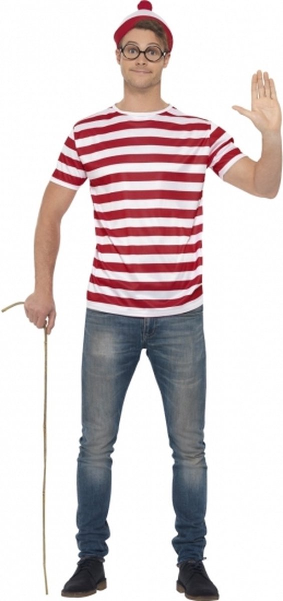 Smiffys Waar is Wally verkleedset - voor heren - rood/wit - shirt - bril - muts 48/50