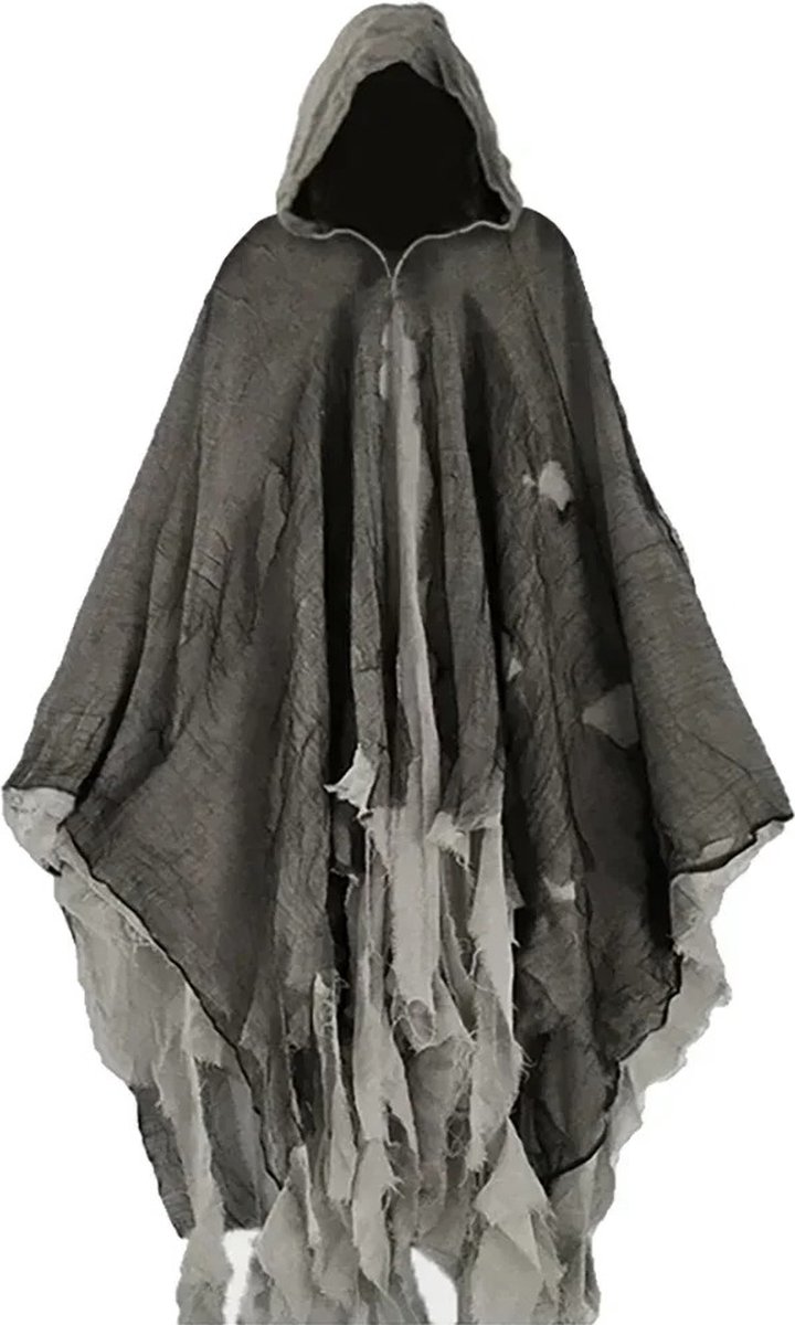 SteeFly® Halloween Geest kostuum 155cm hoog (schouderlengte) - Horror Zombie Tattered Hooded Capes - Unisex - One size Grijs