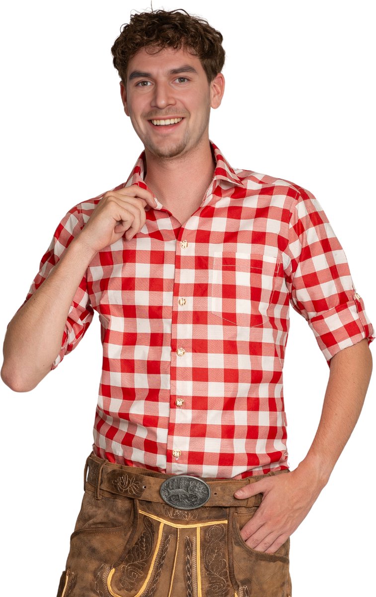 Tannhauser Oktoberfest Overhemd Heren Anton Geblokt Oktoberfest Heren Carnavalskleding Heren voor bij Lederhosen Man - 70%Katoen30%Viscose - Rood - Maat L/52