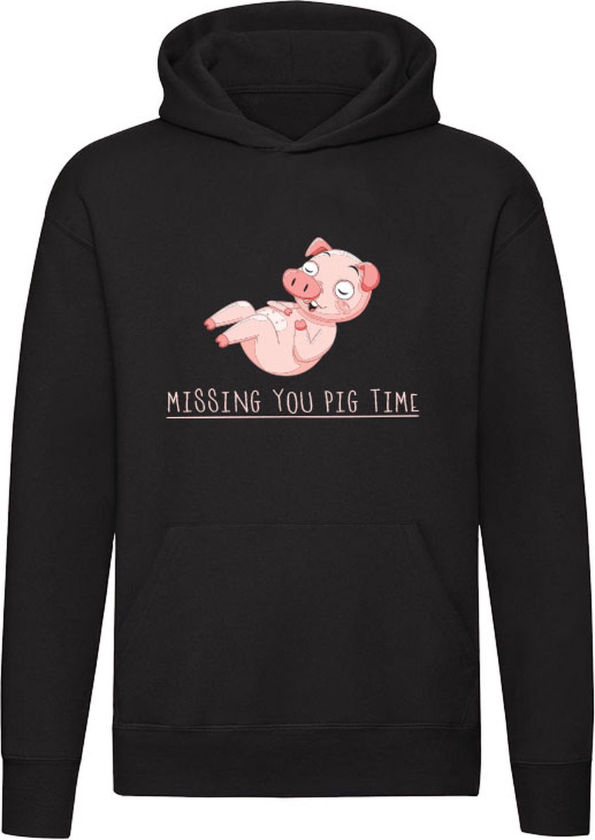 Varkentje Missing you pig time Hoodie - tijd - liefde - schattig - varken - woordspeling - dieren - taal - engels - humor - grappig