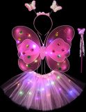 Verkleed Outfit Fee / Prinses - Lichtgevend - Universeel - One Size (2 tot 8 jaar) - Glow in the Dark Outfit - Verkleden - Prinses / Fee / Tovenaar - LED Lampjes - Prinsessen Rok / Vleugels / Toverstok & Haarband / Kroon - Hoge Kwaliteit - Vlinder