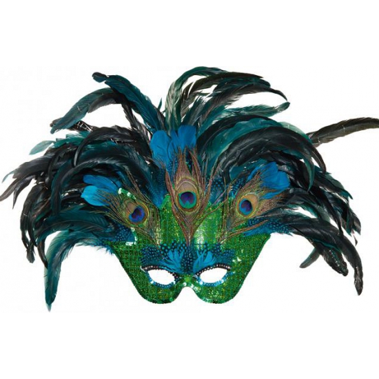 Verkleedmasker - groen/blauw - pauwenver - Veren masker