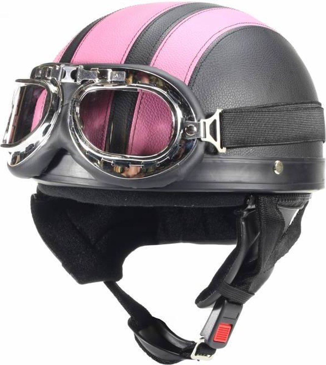 Vintage Pothelm - Scooterhelm Retro met Gratis Motorbril - Pothelm Scooter - Duitse Helm - Gemaakt van PU Leder - Zwart - Roze