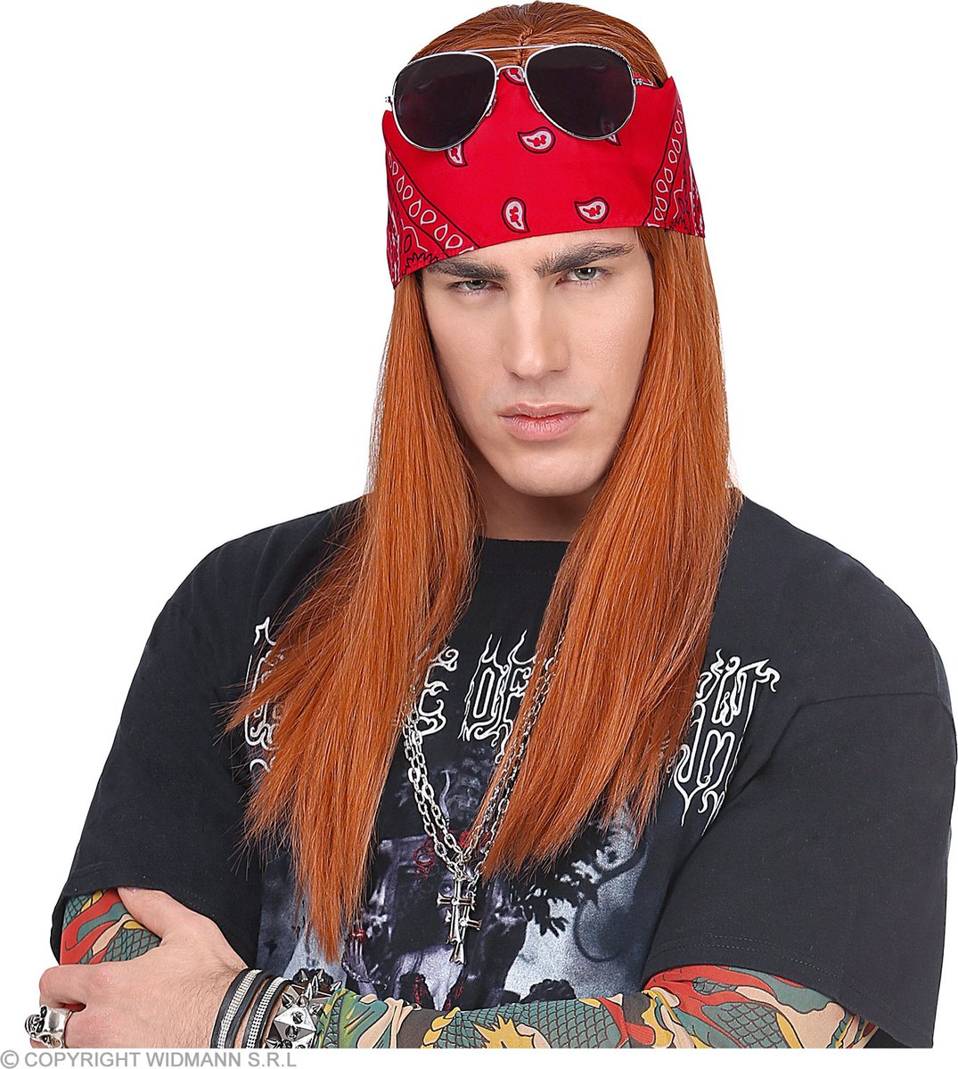 Widmann - Aso & Biker & New Kids Kostuum - Biker AXL Pruik Met Bandana En Zonnebril - Rood - Carnavalskleding - Verkleedkleding