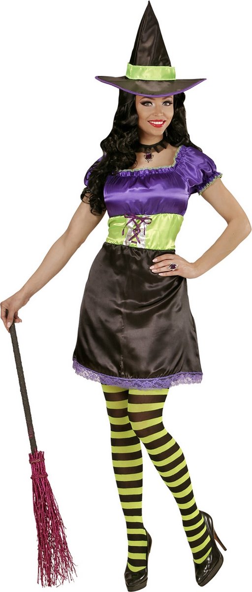 Widmann - Heks & Spider Lady & Voodoo & Duistere Religie Kostuum - Funky Heks - Vrouw - Groen, Paars - Medium - Halloween - Verkleedkleding