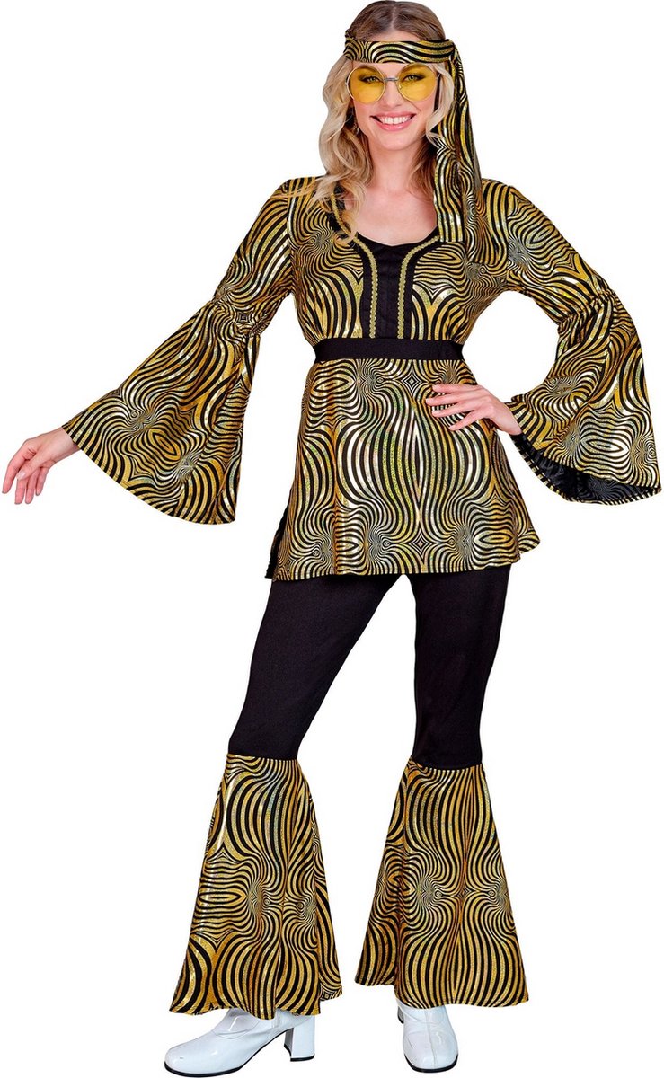 Widmann - Hippie Kostuum - Dazzling Gold Groove Jaren 70 Style - Vrouw - Zwart, Goud - XS - Carnavalskleding - Verkleedkleding