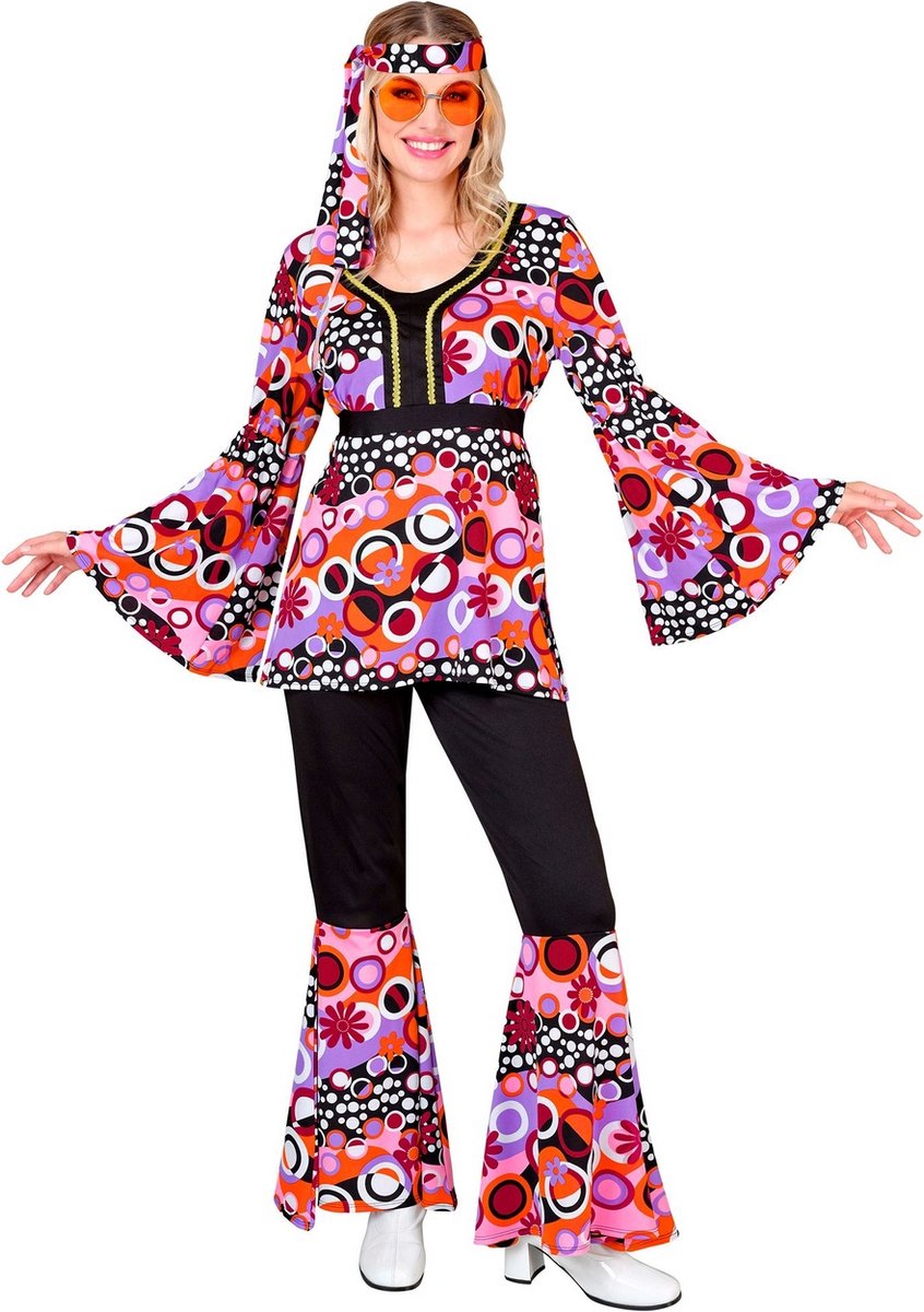 Widmann - Hippie Kostuum - Groovy Bubbles Jaren 70 Style Roze - Vrouw - Roze, Zwart - XS - Carnavalskleding - Verkleedkleding