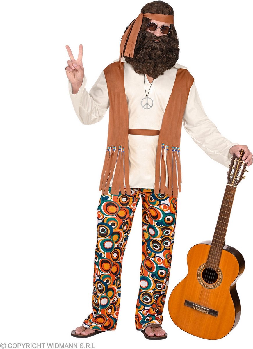 Widmann - Hippie Kostuum - Imagine All The Hippies Lenny - Man - Blauw, Bruin, Wit / Beige - Small - Carnavalskleding - Verkleedkleding