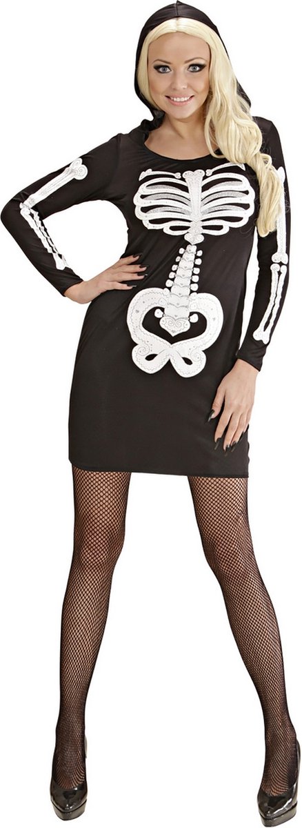 Widmann - Spook & Skelet Kostuum - Glamour Skelet Meisje - Vrouw - Zwart / Wit - Large - Halloween - Verkleedkleding