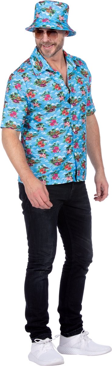 Wilbers & Wilbers - Hawaii & Carribean & Tropisch Kostuum - Tropical Island Vibes Hawaii Shirt Man - Blauw - Small - Carnavalskleding - Verkleedkleding