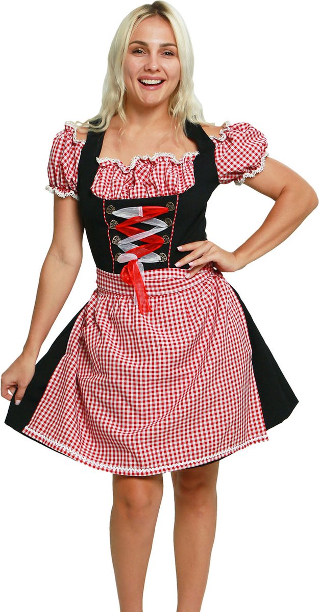 Zebra & Friends Tiroler Dirndl - M - Oktoberfest Dames - met Ritssluiting - Pofmouwen - Carnavalskleding - Maat 40 - Rood met Zwart