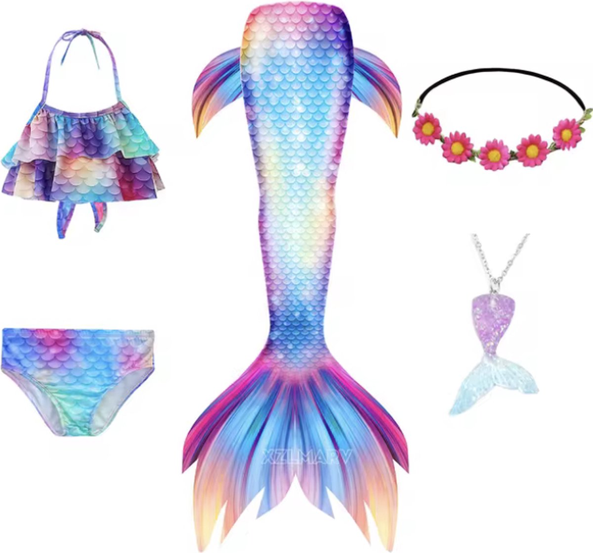 Zeemeermin Zwem Outfit - Maat: 122/128 - Exclusief Monovin - Bikini & Zeemeerminnen Vin - Inclusief Haar Accessoires - Zwemkleding Meisje - Roze & Blauw - Hoge Kwaliteit - Zeemeermin / Mermaid Outfit - Zwemmen / Strand - Bikini / Badpak