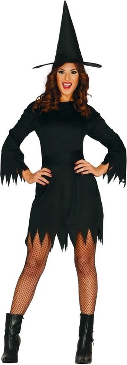 Zwart heksen verkleedkostuum budget voor dames - Halloween - carnaval - met hoge hoed XL/XXL