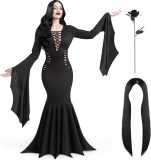 Zwarte Gothic Vintage Vloerlange Heks Jurk Voor Vrouwen Halloween Verkleedkostuum