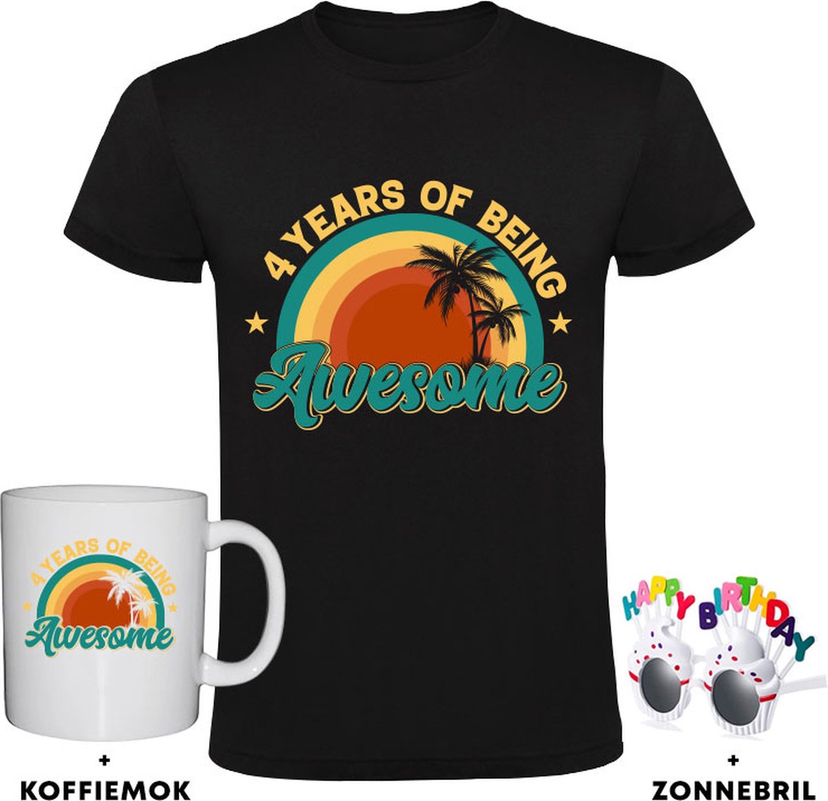 4 jaar Kindershirt + Koffiemok + Happy birthday bril - 4e verjaardag - feest - cadeau