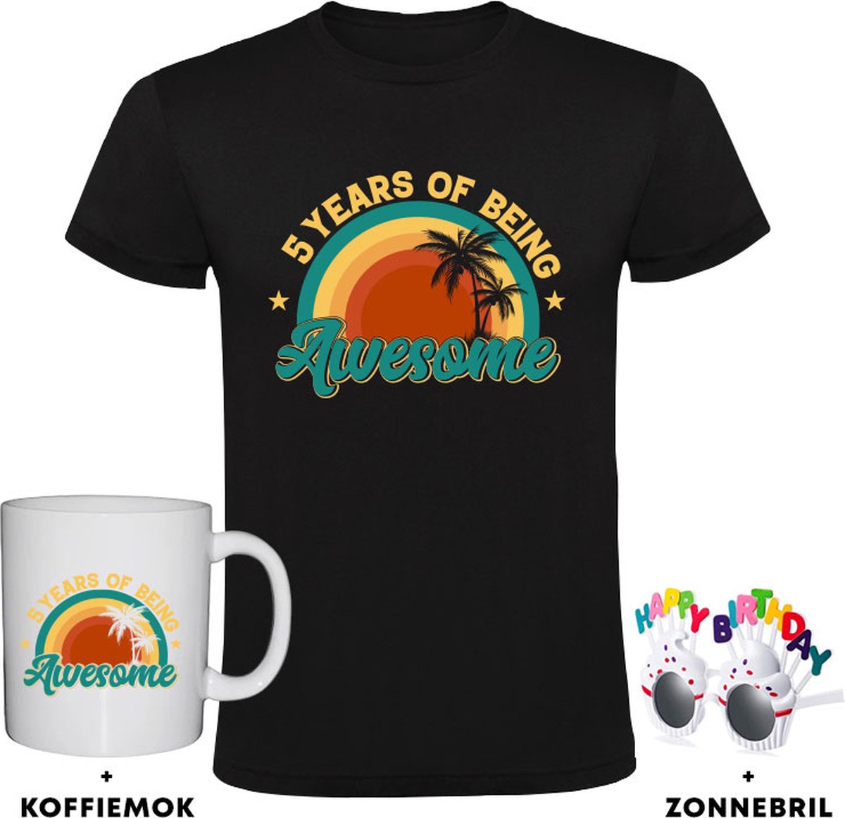 5 jaar Kindershirt + Koffiemok + Happy birthday bril - 5e verjaardag - feest - cadeau