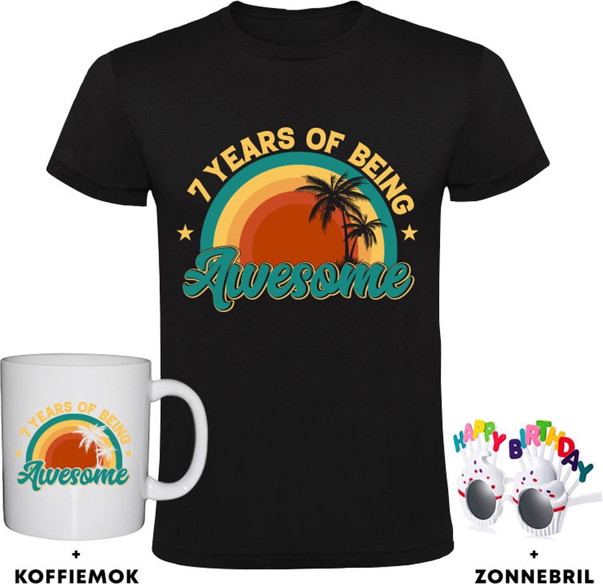 7 jaar Kindershirt + Koffiemok + Happy birthday bril - 7e verjaardag - feest - cadeau