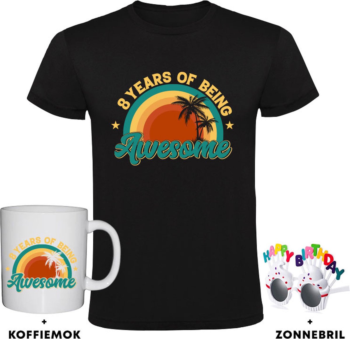 8 jaar Kindershirt + Koffiemok + Happy birthday bril - 8e verjaardag - feest - cadeau