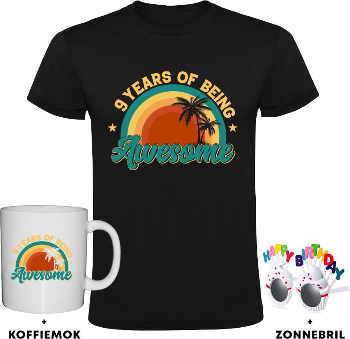 9 jaar Kindershirt + Koffiemok + Happy birthday bril - 9e verjaardag - feest - cadeau