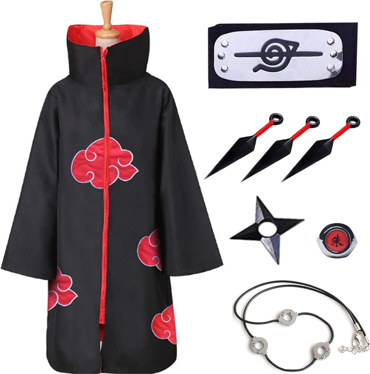 Akatsuki Cape Cosplay Kostuum Set voor Kinderen & Volwassenen - Anime Itachi Uitvoering met Hoofdband, Ringen, Halsketting, Kunai, Shuriken - Maat L - Ideaal voor Halloween & Cosplay Feesten