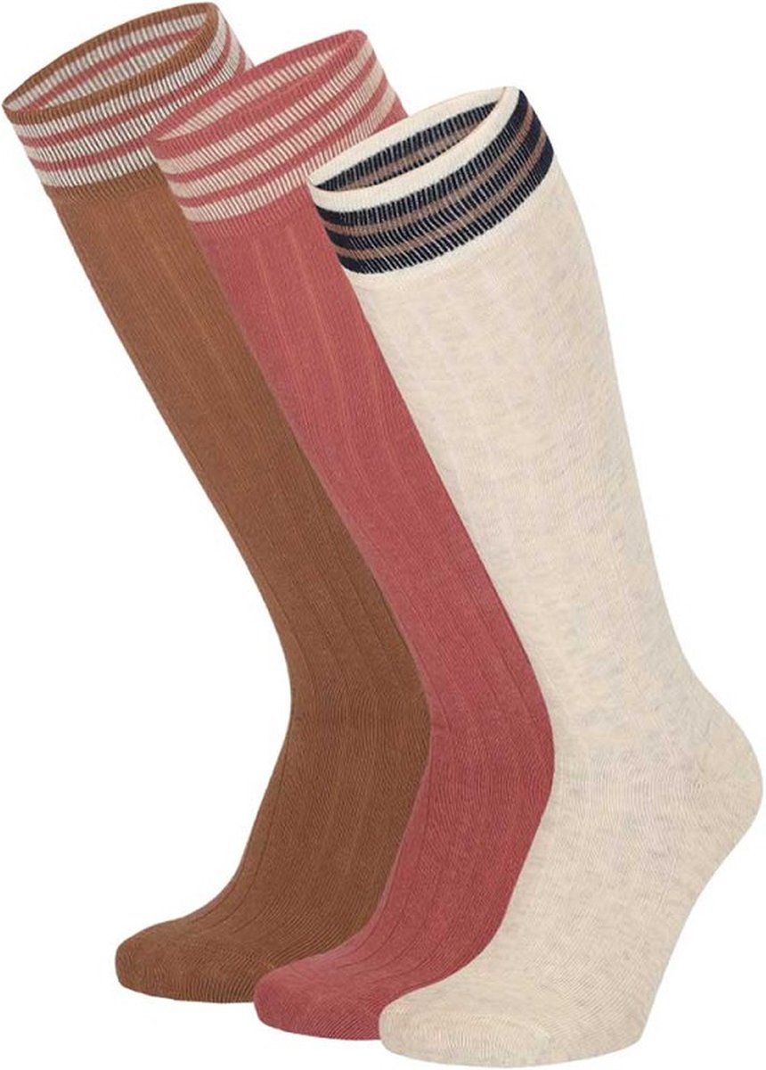 Apollo - Kniesokken - Girls - 3-pack - Beige - Roze - Bruin - Gestreept - Maat 23/26