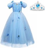 Assepoester jurk Prinsessen jurk verkleedjurk 140-146 (140) blauw Luxe met vlinders korte mouw + kroon verkleedkleding