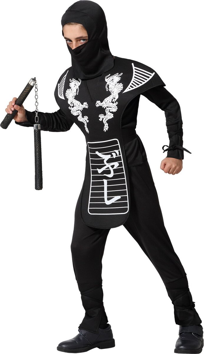 Atosa Carnaval verkleed kostuum/outfit - Ninja - voor jongens - zwart/wit - polyester - Compleet 140