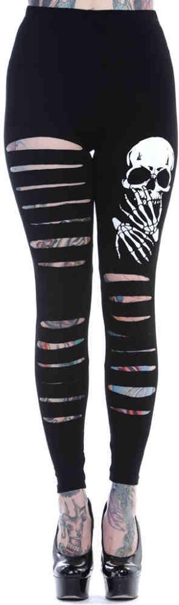 Banned Legging -S- The slashed skull Halloween Zwart/Wit