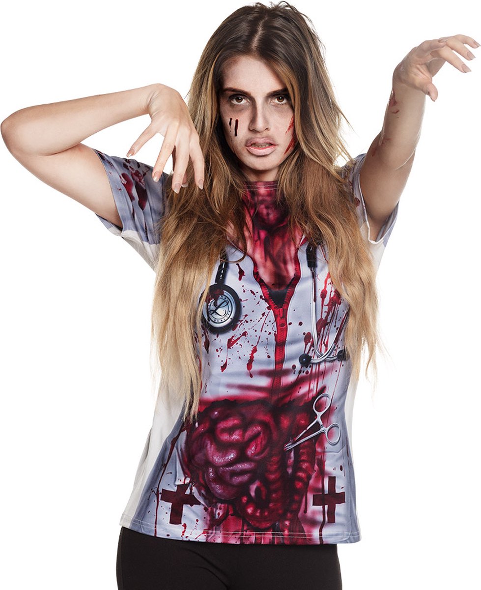 Boland - Fotorealistisch shirt Horror nurse (M/L) - Volwassenen - Verpleegster - Halloween en Horror- Dokters en Verpleegsters