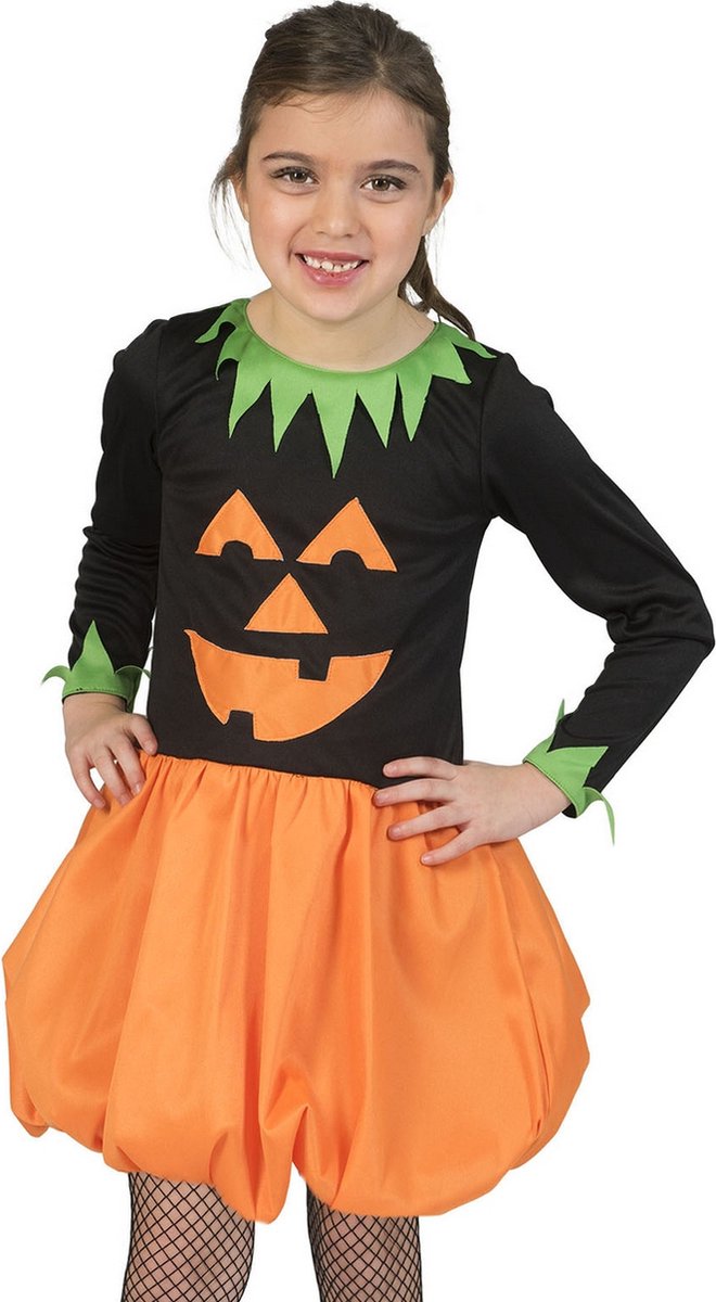 Funny Fashion - Pompoen Kostuum - Afgrijselijke Pompoen Halloween - Meisje - Oranje, Zwart - Maat 116 - Halloween - Verkleedkleding