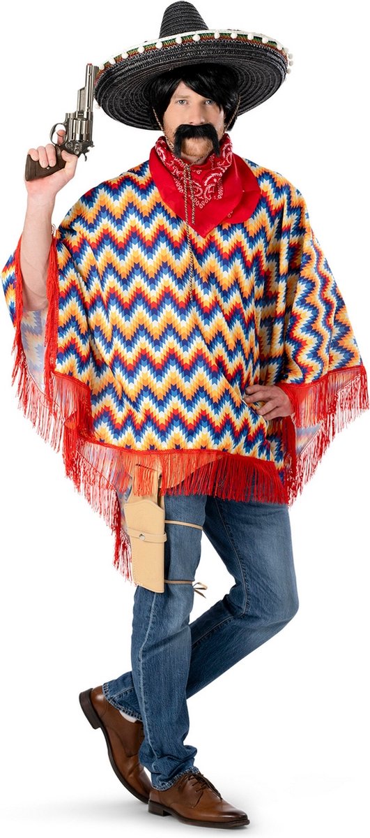 Funny Fashion - Spaans & Mexicaans Kostuum - Poncho Carmelito De Carlo Kostuum - Blauw, Rood, Geel - One Size - Carnavalskleding - Verkleedkleding