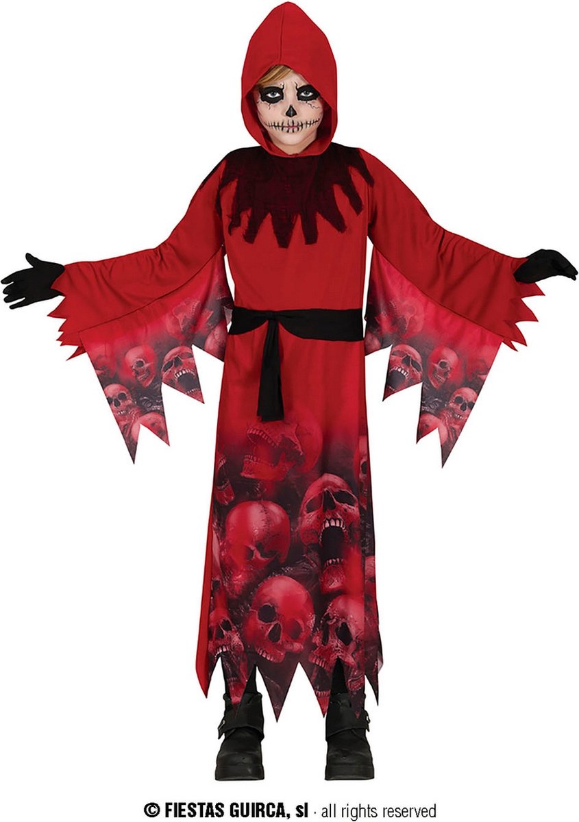 Guirca - Beul & Magere Hein Kostuum - Huilende Schedels Grim Reaper Rood Kind Kostuum - Rood - 7 - 9 jaar - Halloween - Verkleedkleding