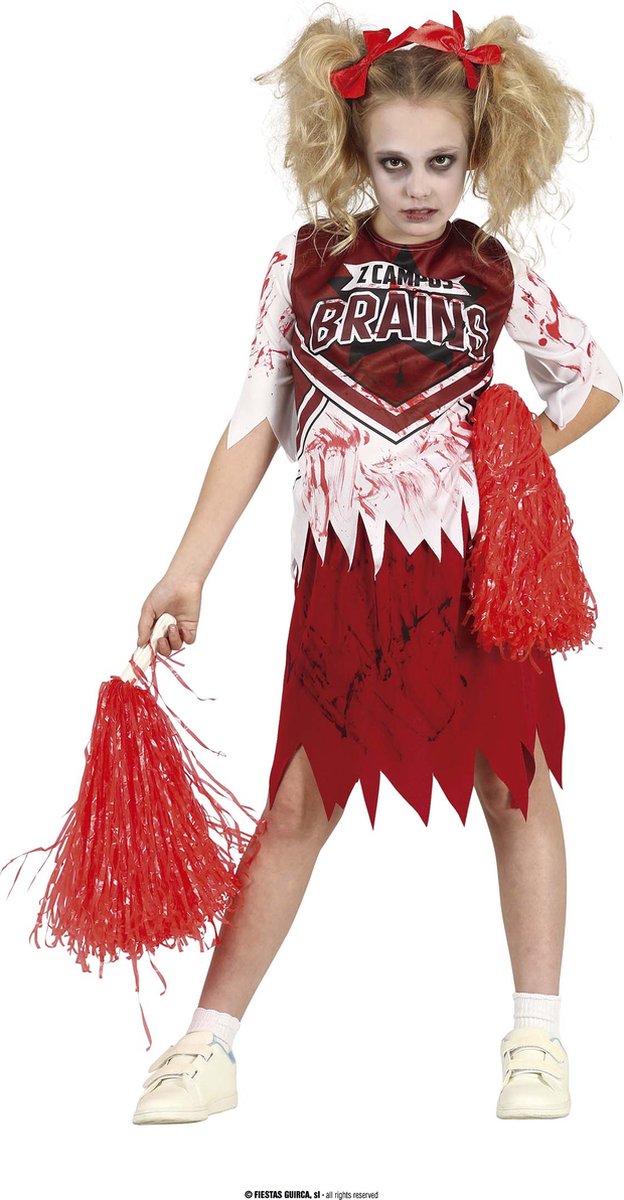 Guirca - Cheerleader Kostuum - Zombie Cheerleader Campus No Brains - Meisje - Rood, Wit / Beige - 10 - 12 jaar - Halloween - Verkleedkleding