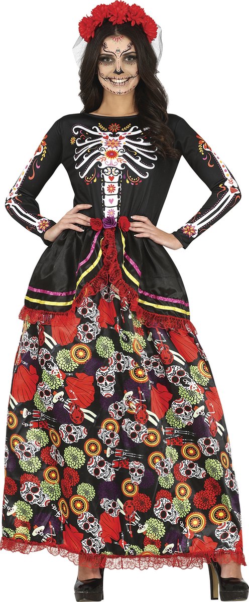 Guirca - Spaans & Mexicaans Kostuum - Mexicaanse Catrina Dag Van De Doden - Vrouw - Rood, Zwart - Maat 44-46 - Carnavalskleding - Verkleedkleding