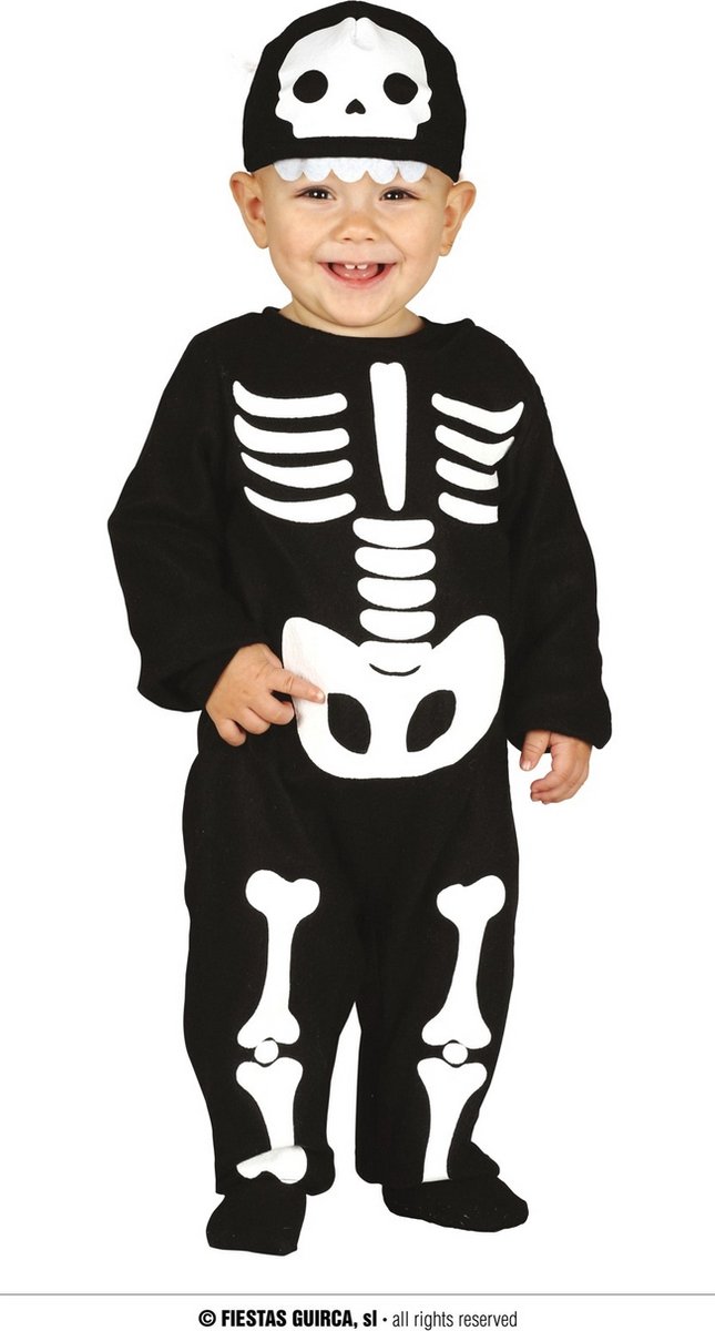 Guirca - Spook & Skelet Kostuum - Geinig Skeletje Kind Kostuum - Zwart - 1 - 2 jaar - Halloween - Verkleedkleding