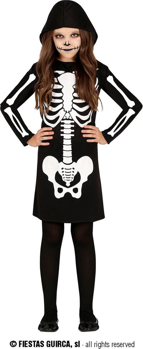 Guirca - Spook & Skelet Kostuum - Rammelend Van De Honger Skelet - Meisje - Zwart / Wit - 10 - 12 jaar - Halloween - Verkleedkleding